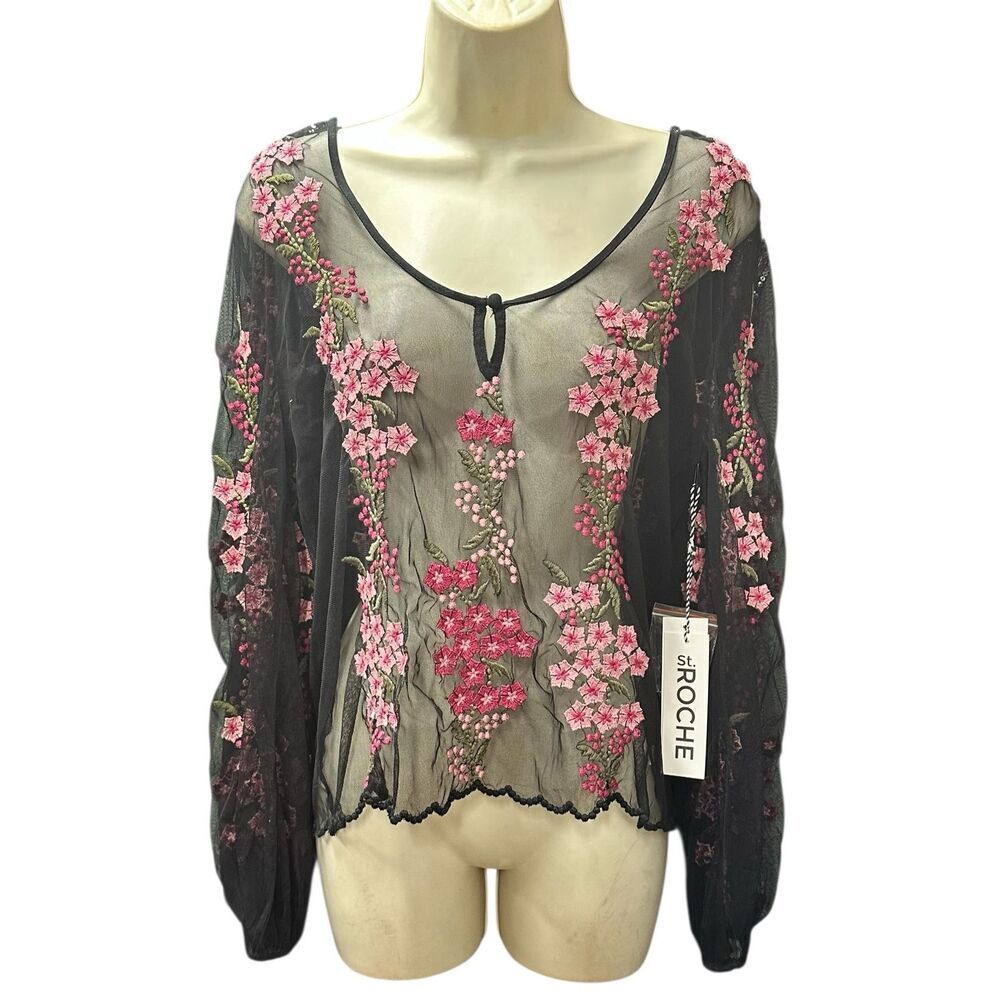 St. Roche Sheer Embroidered Blouse in Black & Pink NWT Size XS